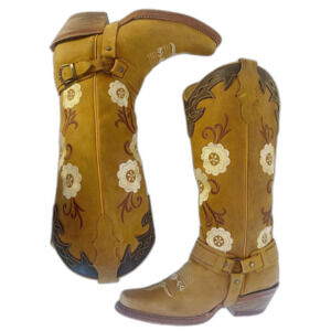 Women's Mexican Cowboy Boots Tan Leather Floral Embroidered Western Size 8